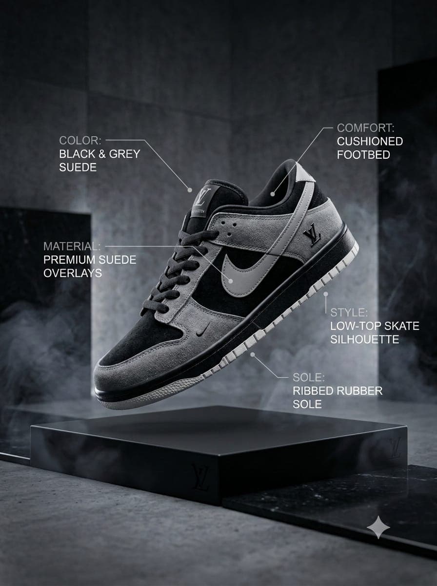 Awaraa's Culture Shadow Crest black/grey low-top, suede overlays, chunky classic sole