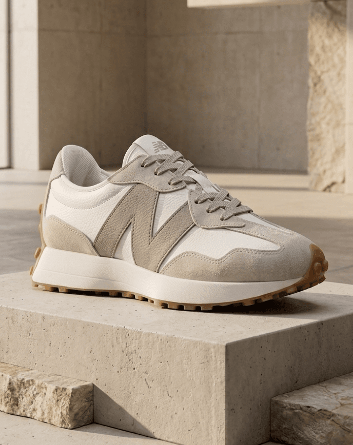 Awaraa's Culture Dune Runner cream/white retro low-top, grey suede overlays, gum sole